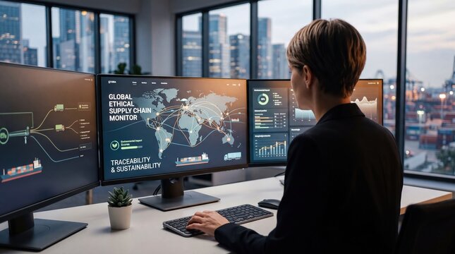 Logistics manager monitoring global ethical supply chain traceability and sustainability on multi-screen computer setup in modern city office.
