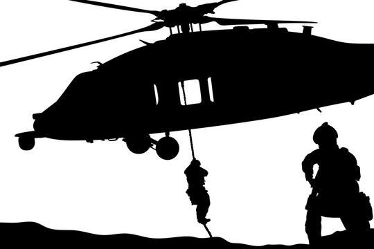 Silhouettes of soldiers parachuting from a helicopter against a transparent background. The concept of operations, rescue, strength, and teamwork. 