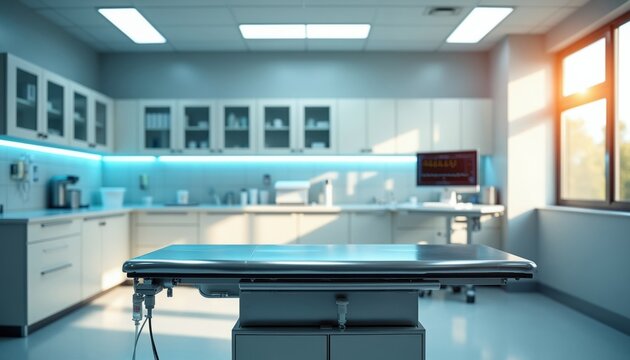 Modern clinic exam room with stainless steel table and medical monitor. Bright interior features cabinets, overhead lights and large window with sun glare. Clean workspace for vet or doctor.