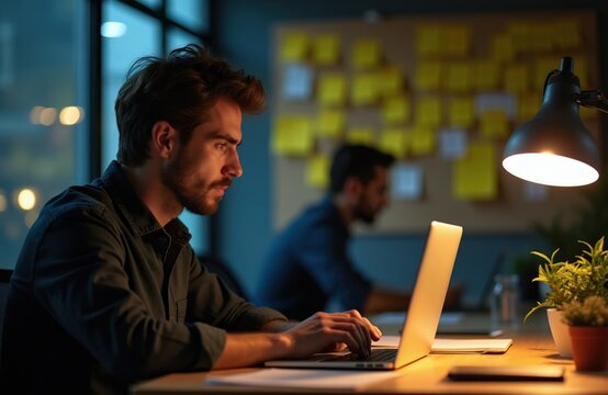 Man types on laptop computer in dimly lit office at desk. Yellow sticky notes cover wall behind him. Another man works on laptop in background. Focused man works late at night.