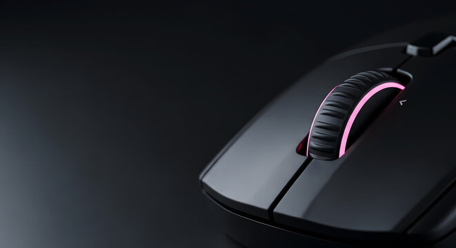 Close up of modern gaming mouse with pink RGB lighting on dark background