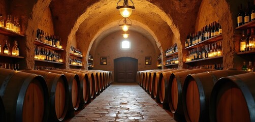 Naklejka premium Ancient wine cellar with stone walls and arched ceiling. Wooden barrels line floor and shelves hold many glass bottles with wine. Interior shows old storage for aged spirits and liquors.