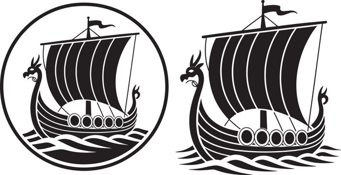Viking longship boat illustration black silhouette sailing on waves sea ship with dragon head prow circular emblem.