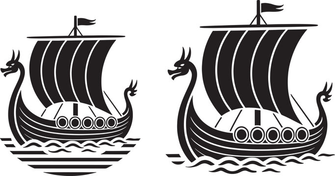 Viking longship boat illustration black silhouette sailing on waves sea ship with dragon head prow nautical art.