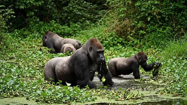 The gorillas come to feed on aquatic plants rich in salt in Mbeli Bai, swampy forest clearing in the Nouabal&eacute;-Ndoki National Park in the Republic of Congo
