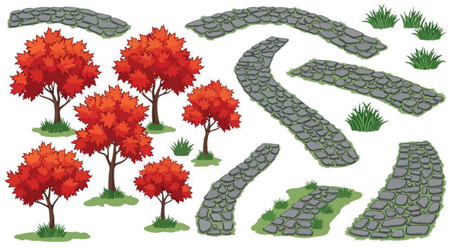 Autumn maple trees and stone path vector set, red fall foliage garden elements, cobblestone walkway and grass tufts for landscape design isolated PNG with Transparent Background