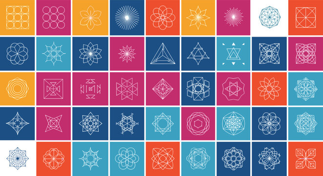 Grid of diverse geometric mandalas and mystical symbols in thin white lines presented on a vibrant multicolored tiled background for design.