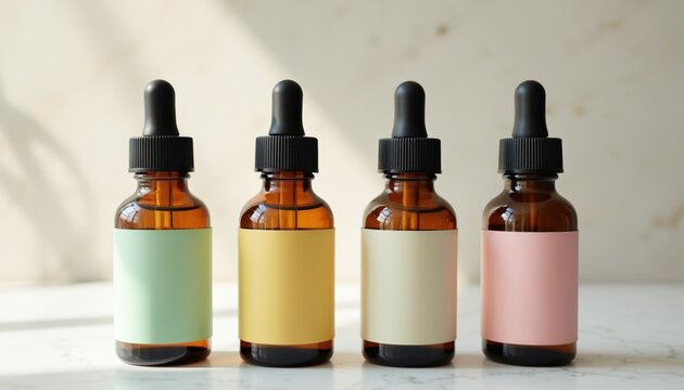 Four amber glass dropper bottles with pastel color labels are on white marble. Soft light creates shadows on background. They hold liquids for cosmetic care or cbd wellness.