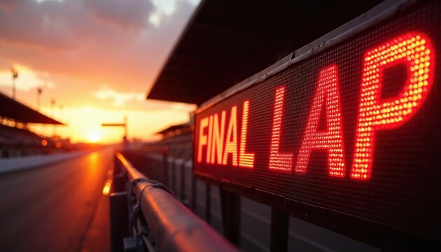 Red LED sign shows FINAL LAP at empty race track during sunset. Spectator stands and asphalt track are visible. Dramatic sky with orange clouds.