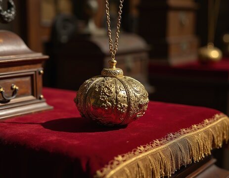 Ornate golden pomander ball on red velvet cloth. Antique scented jewelry object, luxury perfume container for fragrance. Medieval historical artifact.