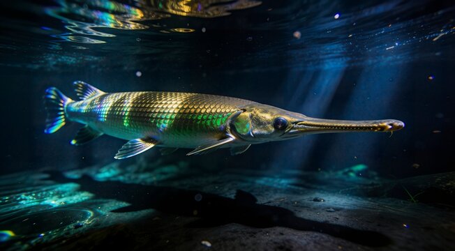 Alligator Gar Fish Swimming Underwater with Cinematic Light Rays and Iridescent Scales