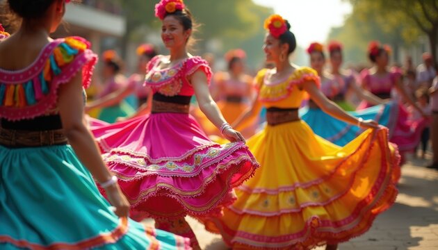 Young women in vibrant colorful dresses dance during a festive outdoor celebration. They perform folk dance, twirling and spinning with joyful motion in a lively community event.