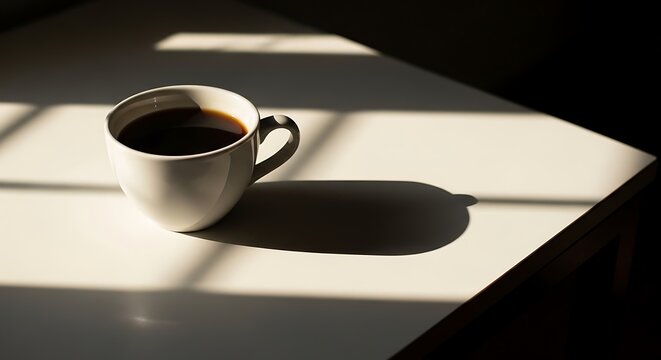 White Cup of Coffee on Sunlit Table with Shadow