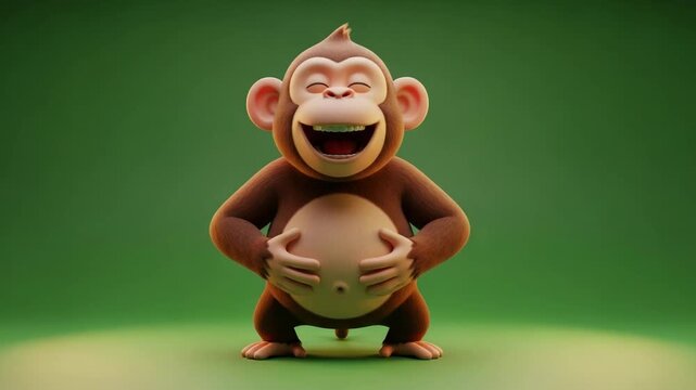 Funny 3D monkey character holding belly and laughing uncontrollably on green background.