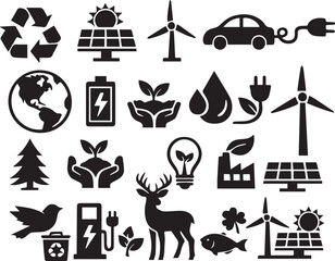 Obraz premium Minimalist Earth Day Sustainability Icon Grid with Renewable Energy and Ecology Silhouettes