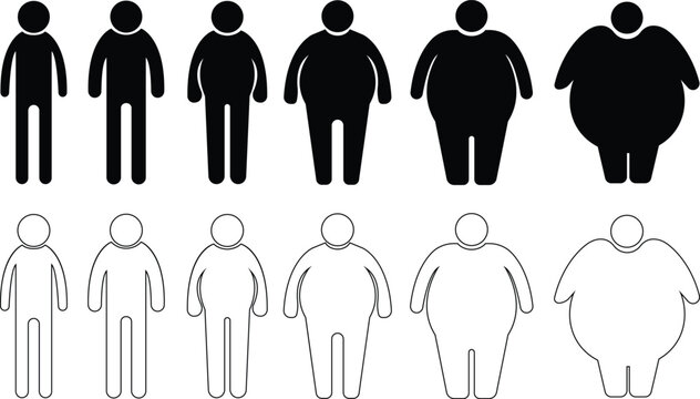 Human body size progression silhouettes from slim to obese flat and line icons set. Weight gain stages, BMI comparison, overweight and obesity concept for health, medical, fitness and infographic use.
