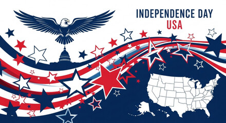 Naklejka premium Independence Day banner with eagle capitol and map vector illustration
