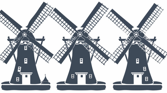 Three stylized, dark blue windmills with detailed blades and buildings on a white background