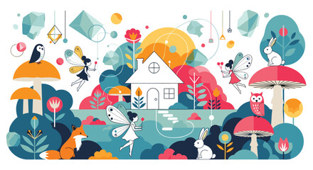 Naklejka premium Enchanted woodland scene featuring tiny fairies small white house colorful mushrooms and friendly forest animals like fox rabbit and owl.
