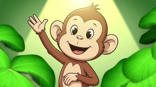 Friendly 3D monkey character smiling and waving hello, cute cartoon style.
