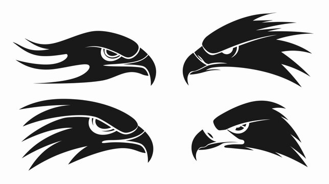 Four stylized black hawk heads in profile, with detailed eyes and sharp beaks on a white background