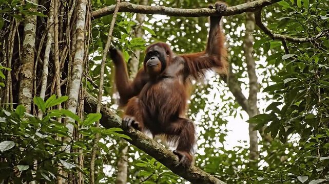 Close up of a Sumatran Orangutans (pongo pygmaeus) is a subspecies of Sumatra, is climbing and swinging on tree in rainforest, Sumatra, Indonesia.
