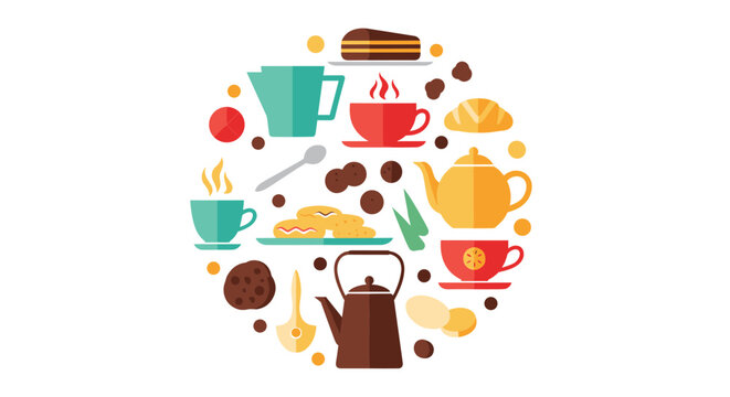 Assorted cafe and bakery icons arranged in a circular composition featuring teapots coffee cups cookies croissants and various kitchen utensils.