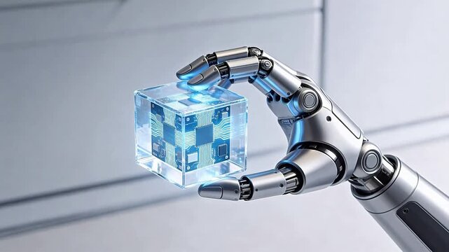 Robot hand holding transparent cube