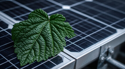 Fototapeta premium Green leaf on solar panel representing clean energy future
