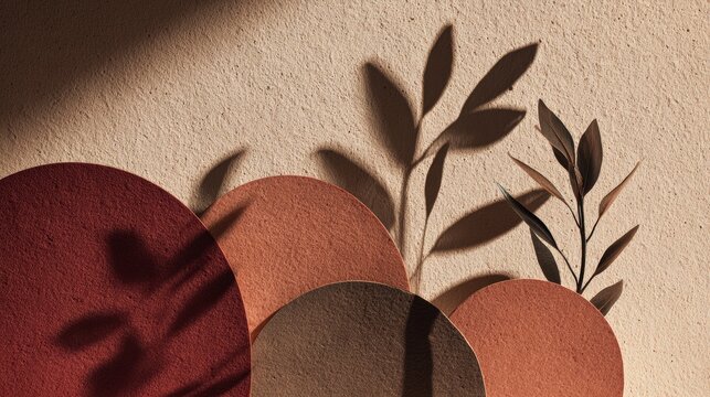 Minimal mockup composition, layered abstract organic shapes in brown burgundy and earthy tones, soft plant shadow play, editorial aesthetic