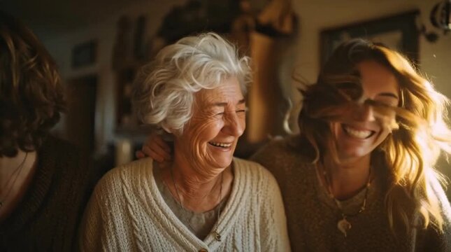 Three generations of women laughing together indoors
