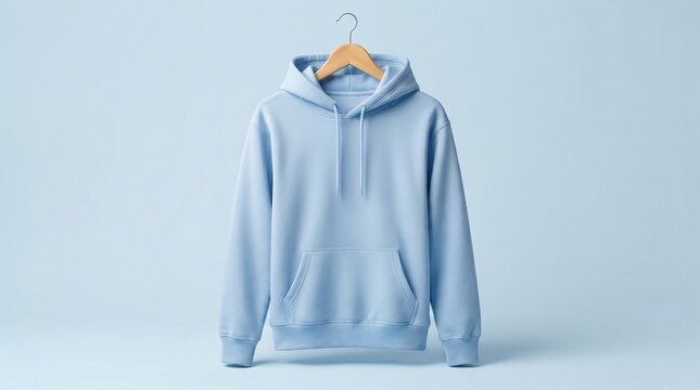 Calm blank light blue hoodie mockup on wooden hanger front view