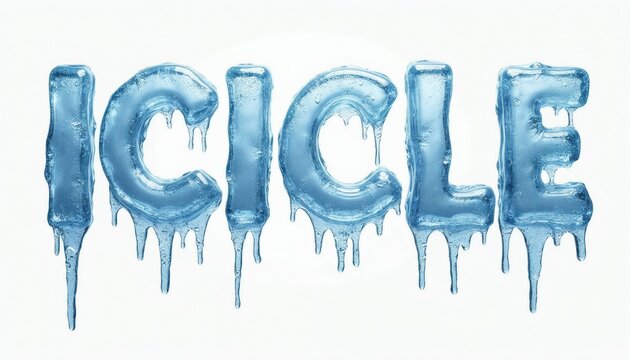 Frozen letters spell out ICICLE with melting ice drips. Cold transparent water text effect on white background. Winter season graphic element, seasonal design.