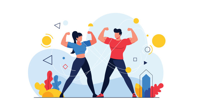 Muscular man and woman in athletic wear flexing their biceps to represent fitness strength and healthy lifestyle.