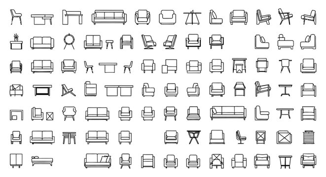 Comprehensive collection of architectural furniture and autocad 2d CAD blocks featuring plan vector icons for interior design floor plans and sofa and couch symbols.