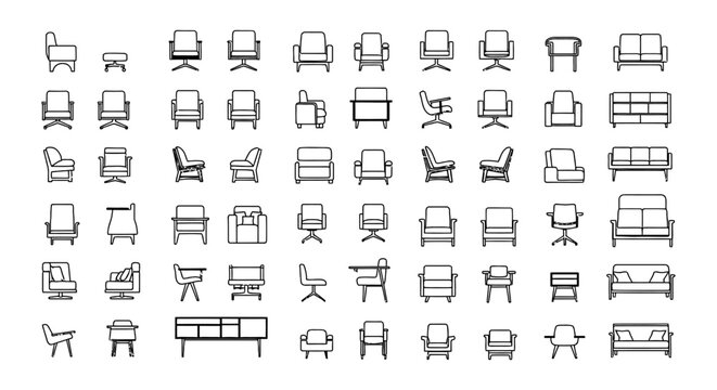 Comprehensive Collection of Architectural Furniture CAD Blocks for Interior Design Floor Plans, Featuring Sofa and Couch Vector Icons and Technical Blueprints for