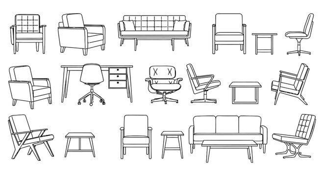 Professional collection of architectural furniture and autocad 2d blocks for interior design, including sofa and couch icons and technical blueprint drafting symbols.