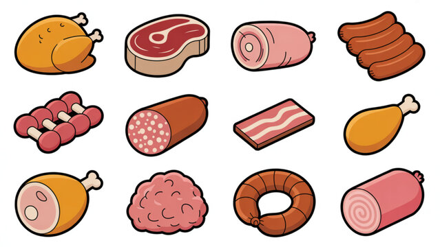 A collection of various colorful emojis including faces, fruits, objects, and symbols arranged in a grid pattern isolated on transparent background