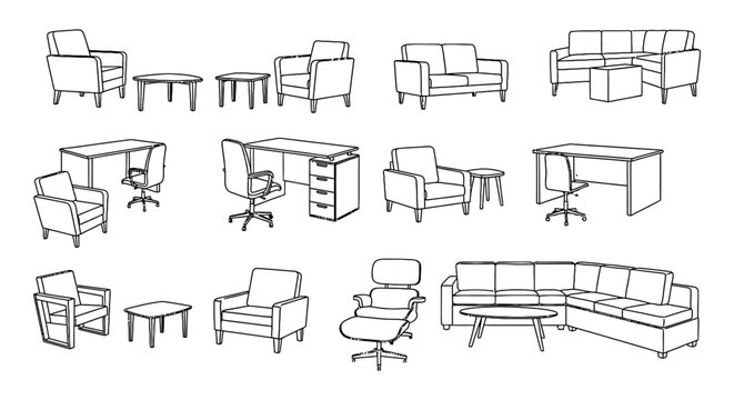 Architectural furniture set with sofas, couches, desks and office chairs in 2D CAD block format for interior design floor plans and technical blueprint planning projects.