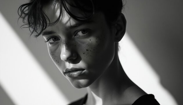 Black and white portrait of a young person with freckles. Angled light creates dramatic shadows on face. Their gaze is directed downward with subtle expression. Natural skin detail visible.