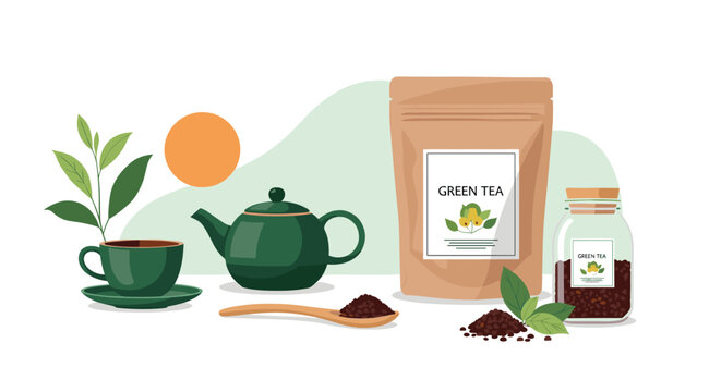 Natural green tea product set featuring a dark green ceramic teapot cup tea bag and loose dried leaves on white.
