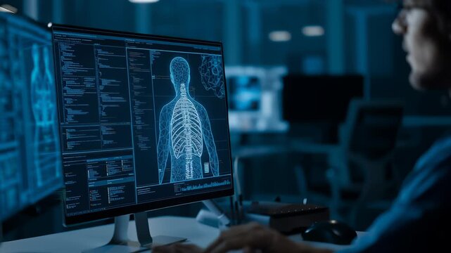 Human skeleton digital scan and spine anatomy displayed on computer screen with medical data, technology, healthcare analysis in dark room environment