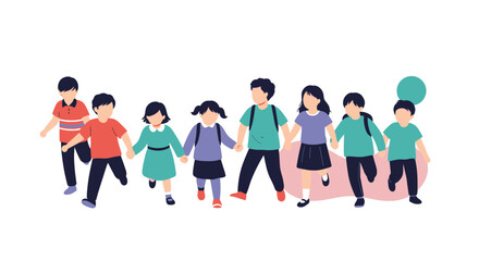 Fototapeta premium Diverse group of school children in casual clothing hold hands while walking together against a clean white background.
