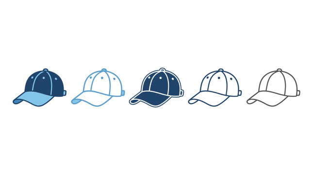 Collection of vector baseball cap icons in various blue and white line art and solid filled styles, ideal for sports and fashion graphic design