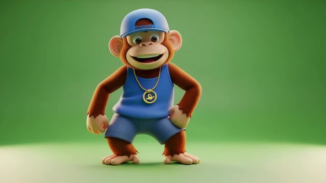 Funny monkey wearing blue cap and jersey standing, friendly cartoon style.