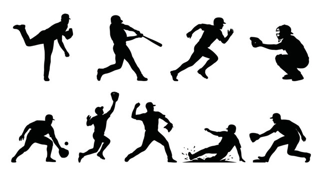Diverse Baseball Player Silhouettes Capturing Core Actions and Athleticism on Field