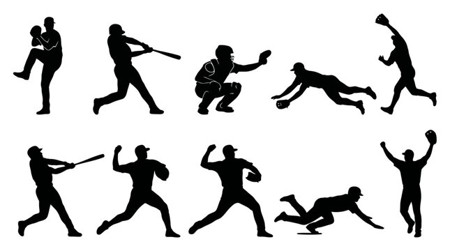 Dynamic Baseball Player Silhouettes Capturing Athletic Game Actions and Skills