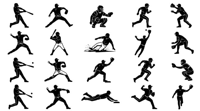Collection of Baseball Player Silhouettes in Dynamic Action Poses for Sport Design