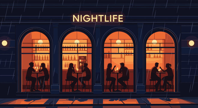 Cozy nightlife scene shows patrons dining inside an arched bar during a rainy evening in the city with glowing interior lights.
