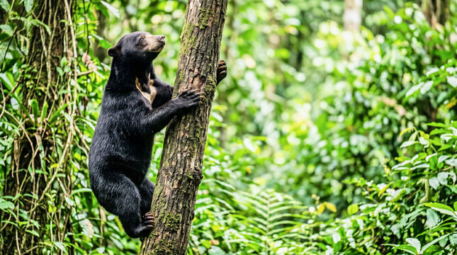 Sun bear climbing tree in tropical rainforest